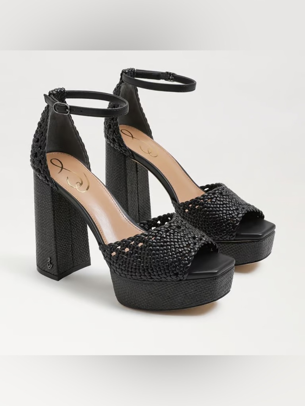 SAM EDELMAN | NATTIE WOVEN PLATFORM HEEL SANDAL IN BLACK SIZE 8.5